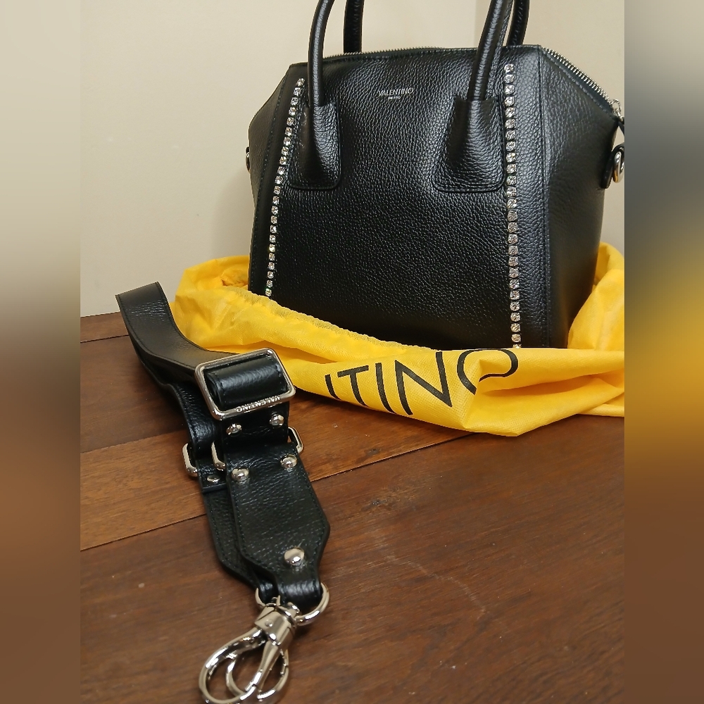 Valentino By Mario Valentino Black leather Rhinestone studded Crossbody Bag
